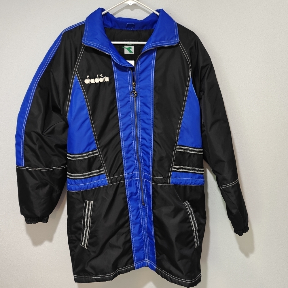 Vintage Diadora Long Rain Coat Mens Small Black Blue Hooded Insulated 90s